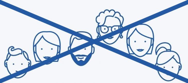 Disgen handledning - Tecknade ansikten på man och kvinnor i flera generationer med ett blått kryss över