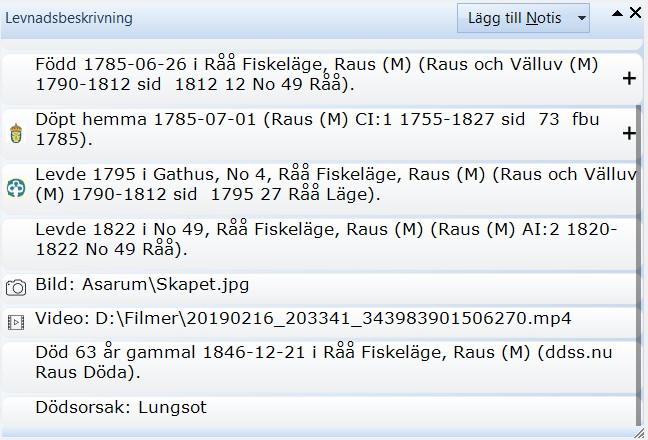 Disgen handledning - Visar en levnadsbeskrivning med 8 notiser